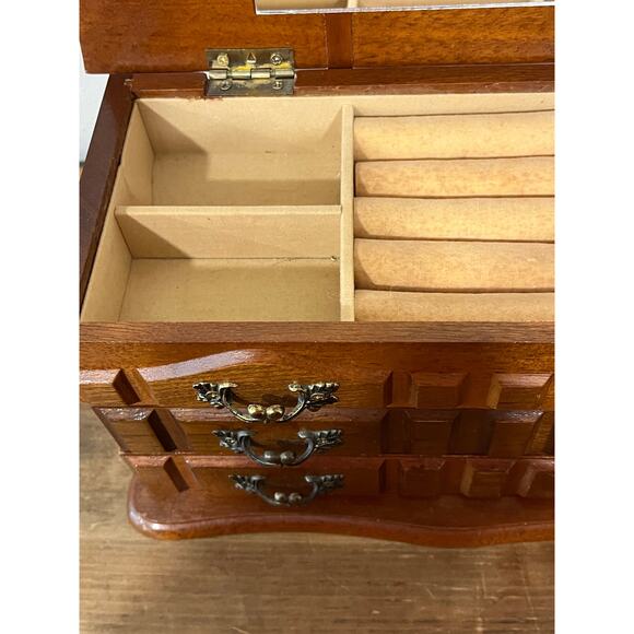 Vintage Wooden Jewelry Box Chest with Mirror 3 Drawers Felt Lined Ring Storage - Picture 6 of 16